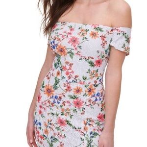 Guess white slit flare hem off shoulder lace dress